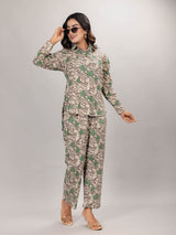 Floral Print on Beige Cotton Shirt Set for Women