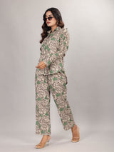 Floral Print on Beige Cotton Shirt Set for Women