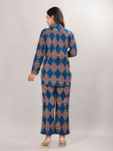 Geometric Print on Blue Cotton Shirt Set for Women