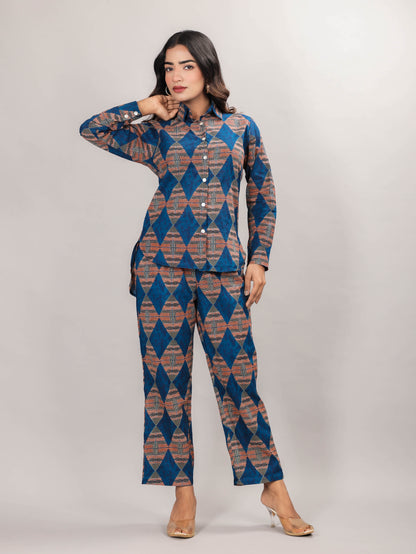 Geometric Print on Blue Cotton Shirt Set for Women