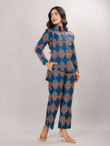 Geometric Print on Blue Cotton Shirt Set for Women