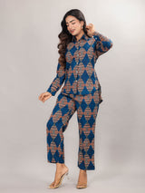 Geometric Print on Blue Cotton Shirt Set for Women