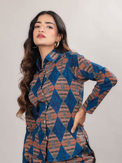Geometric Print on Blue Cotton Shirt Set for Women