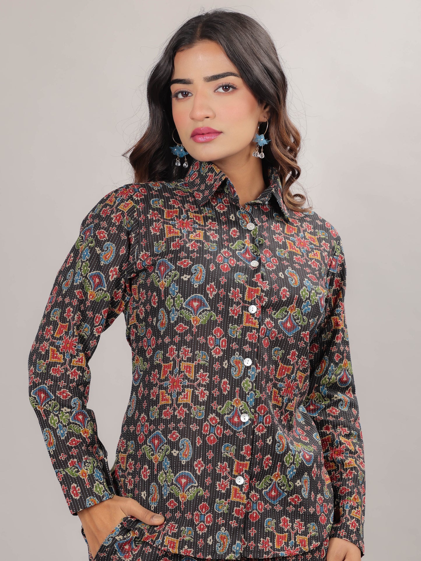 Mughal Print on Black Cotton Shirt Set for Women