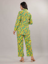 Floral Print on Green Cotton Shirt Set for Women