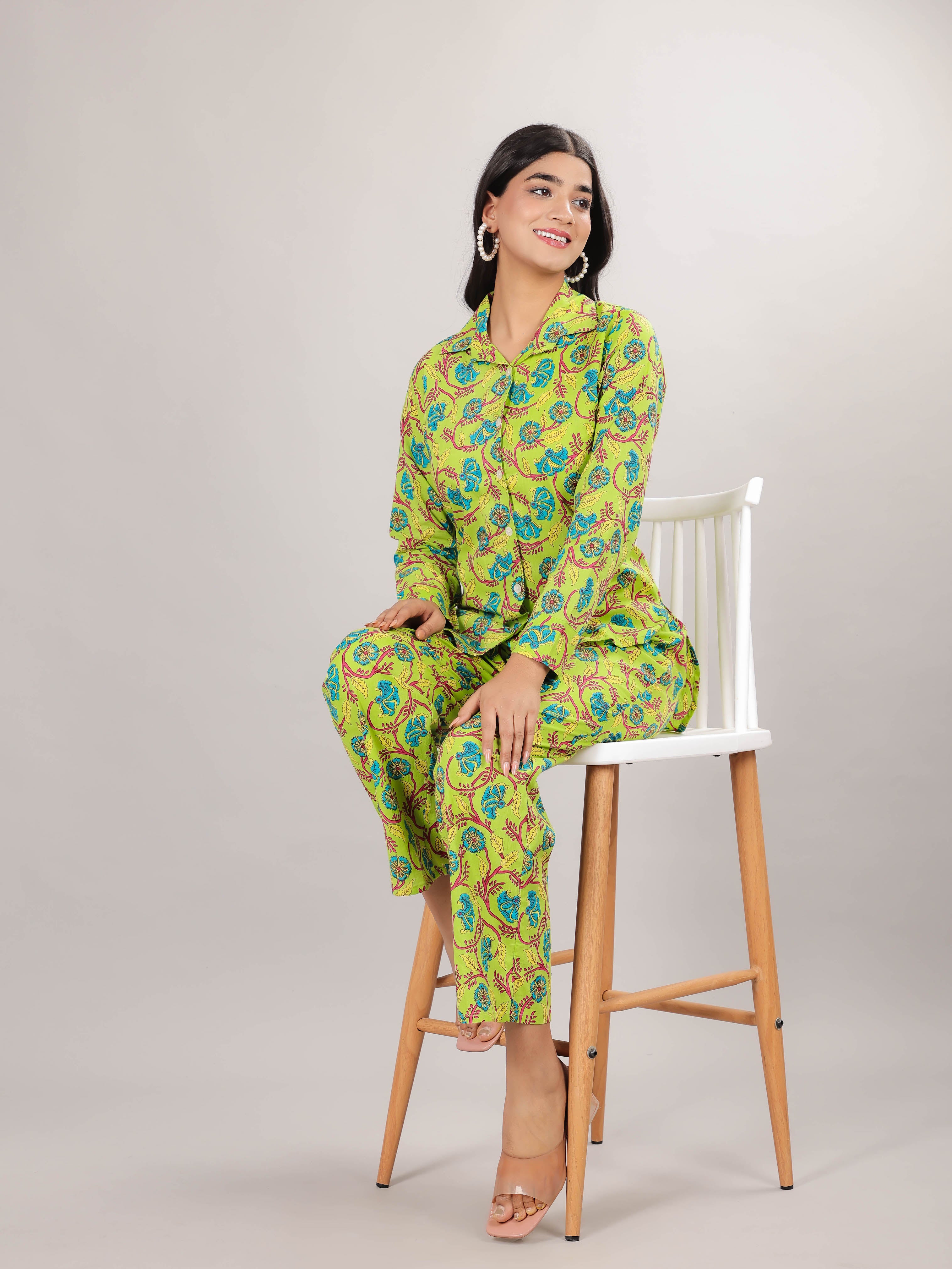 Floral Print on Green Cotton Shirt Set for Women