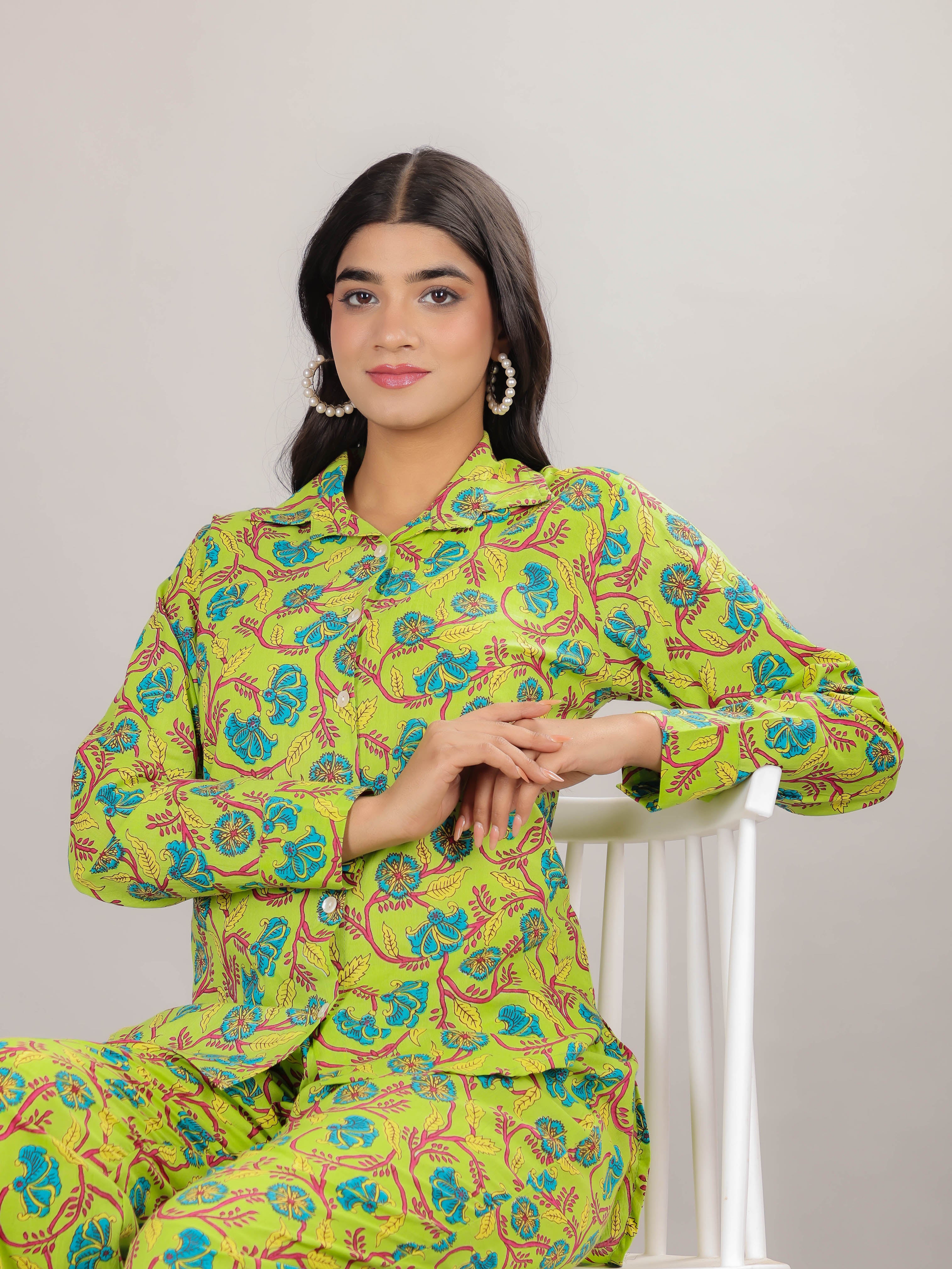 Floral Print on Green Cotton Shirt Set for Women