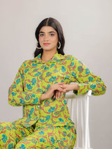 Floral Print on Green Cotton Shirt Set for Women