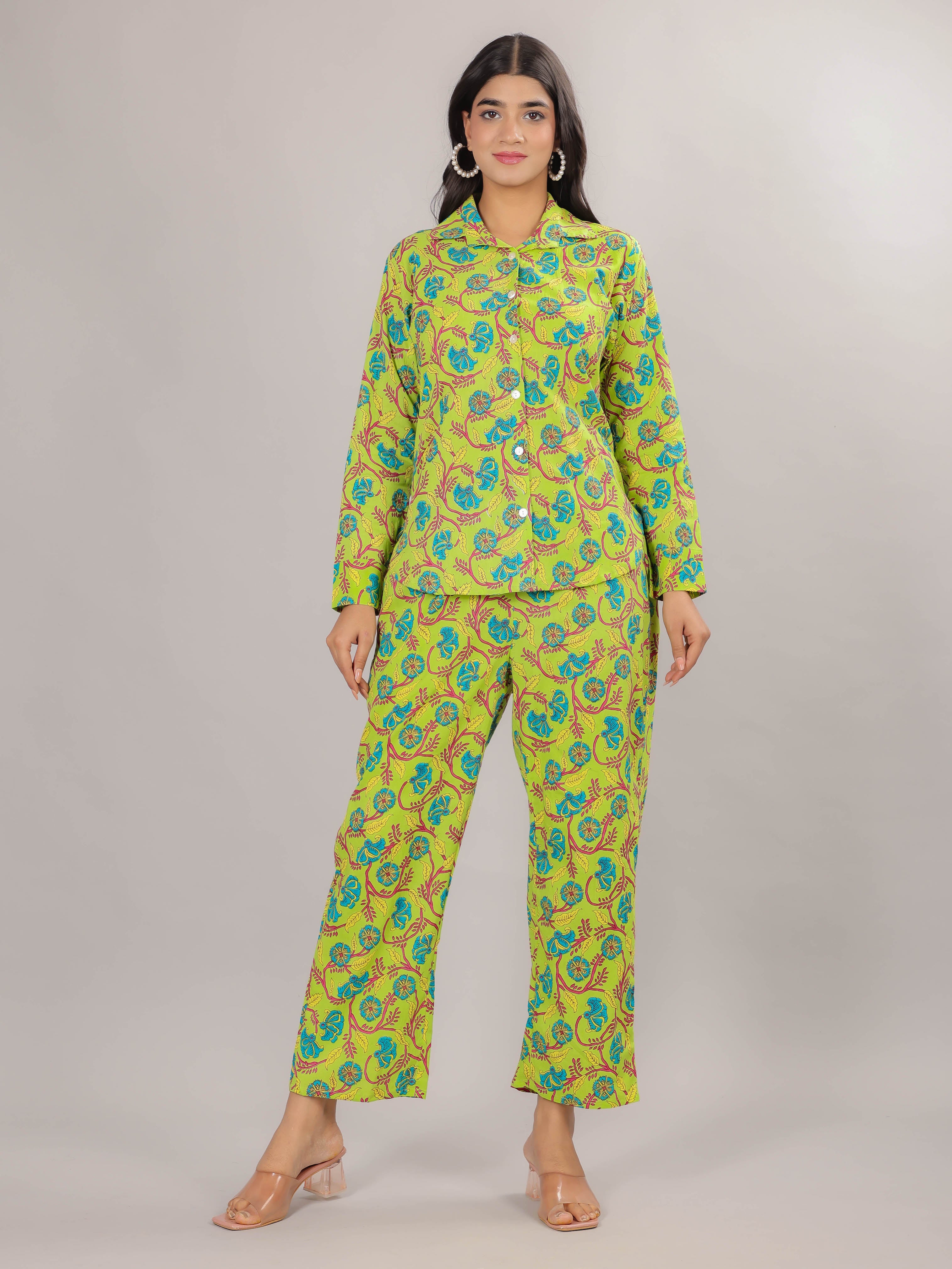 Floral Print on Green Cotton Shirt Set for Women