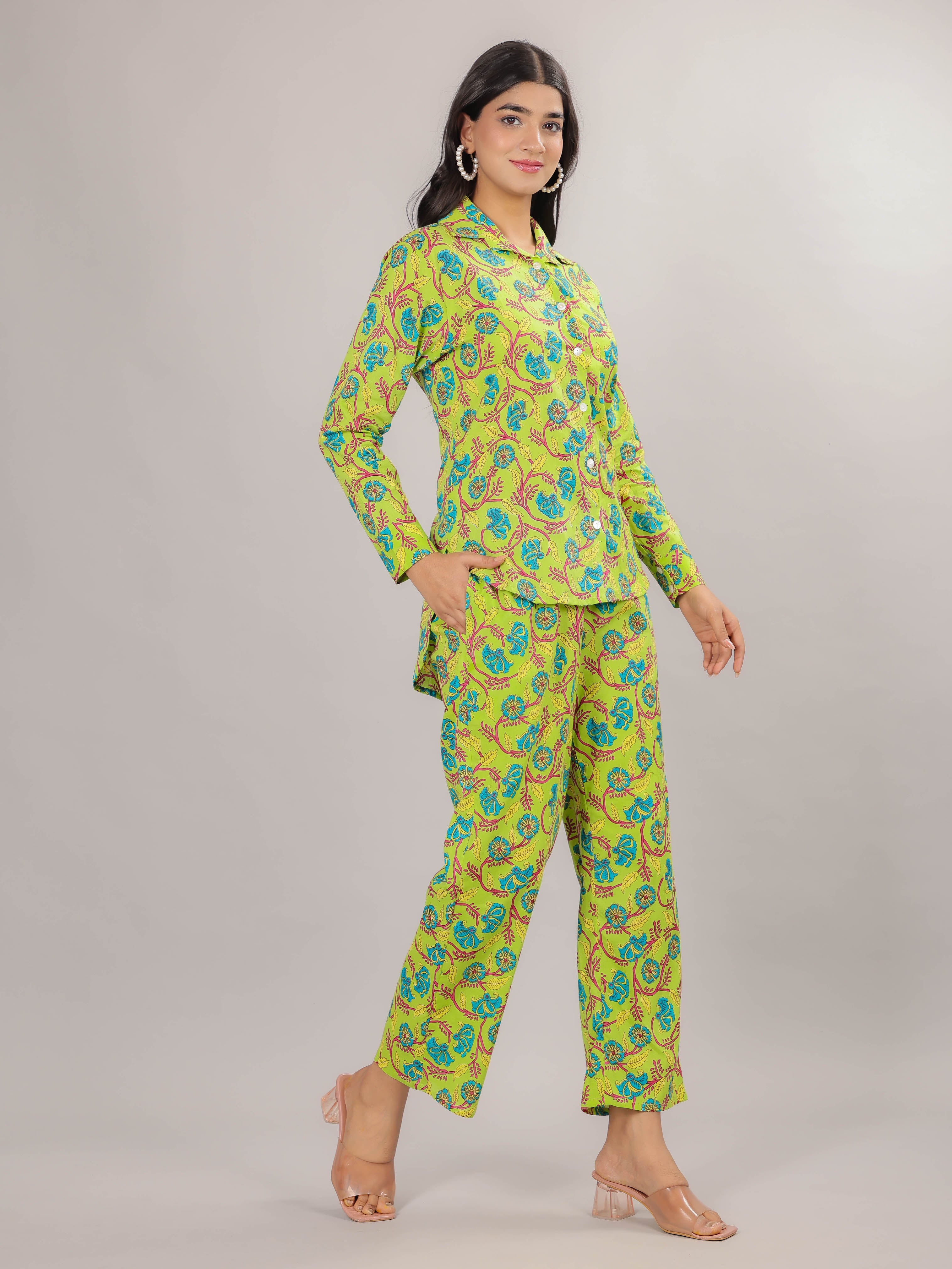 Floral Print on Green Cotton Shirt Set for Women