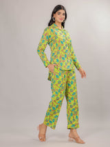 Floral Print on Green Cotton Shirt Set for Women