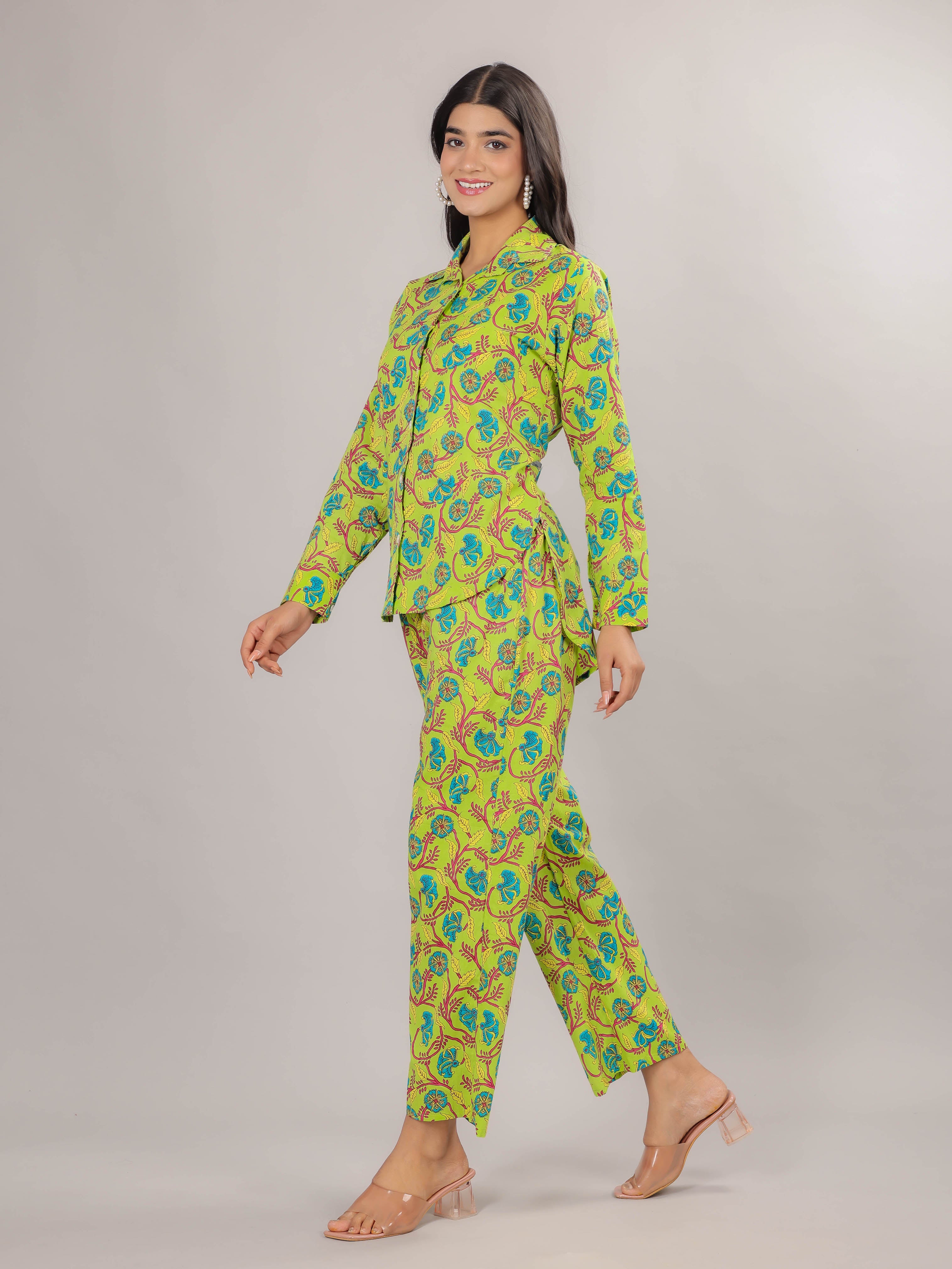 Floral Print on Green Cotton Shirt Set for Women