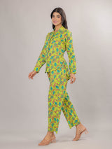 Floral Print on Green Cotton Shirt Set for Women