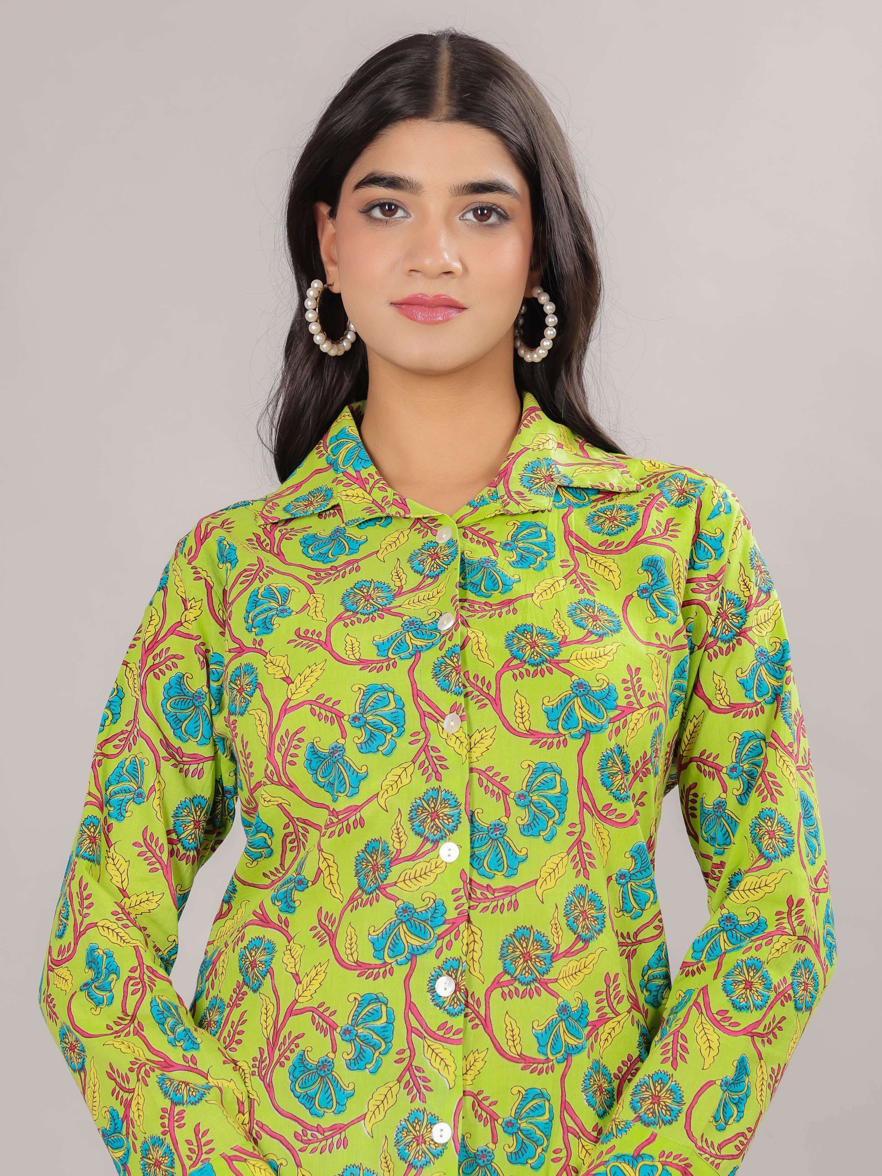 Floral Print on Green Cotton Shirt Set for Women