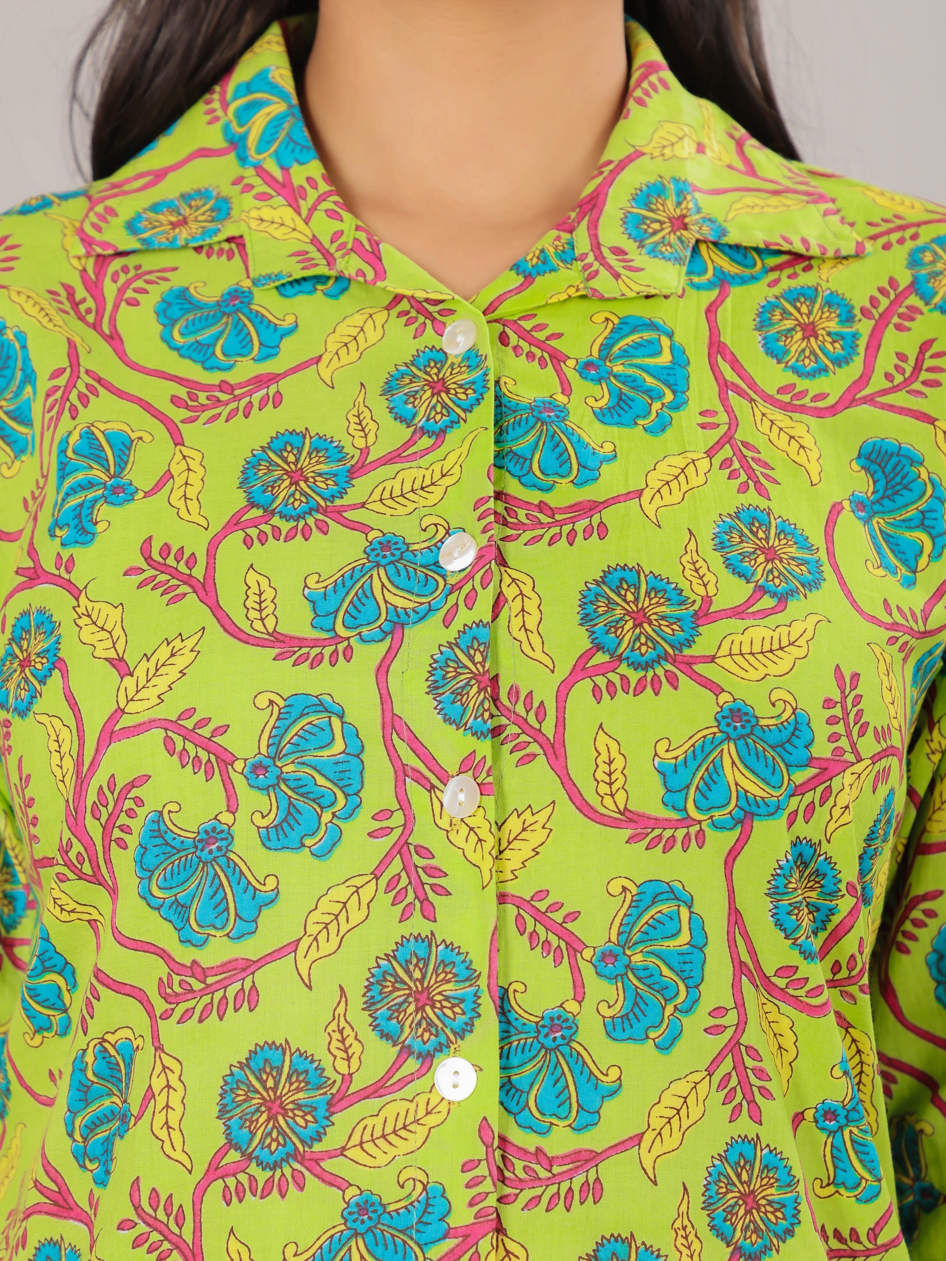 Floral Print on Green Cotton Shirt Set for Women