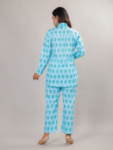 Bird Print on Blue Cotton Shirt Set for Women