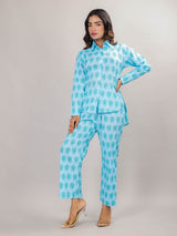 Bird Print on Blue Cotton Shirt Set for Women