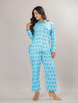 Bird Print on Blue Cotton Shirt Set for Women