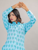 Bird Print on Blue Cotton Shirt Set for Women