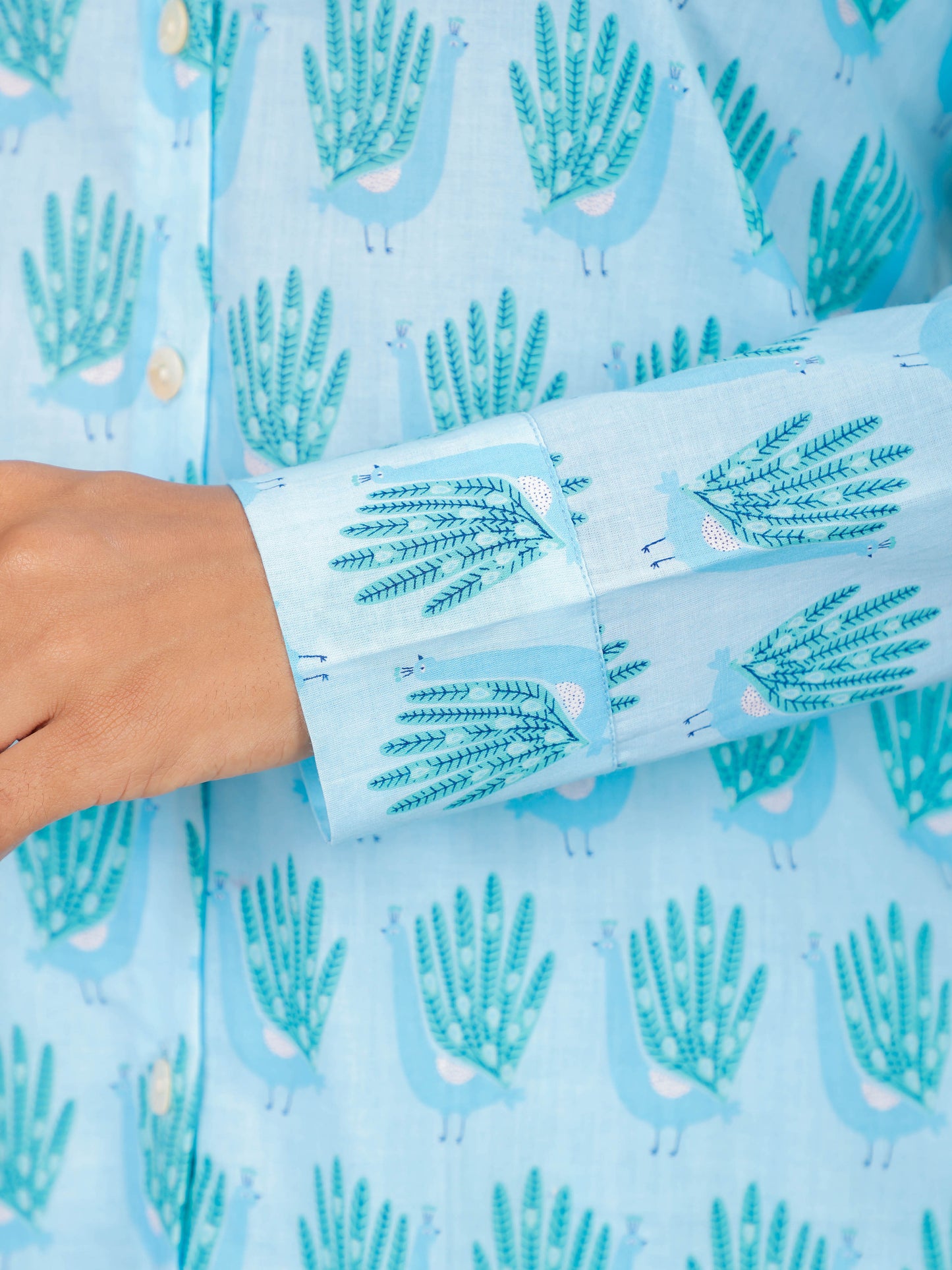 Bird Print on Blue Cotton Shirt Set for Women