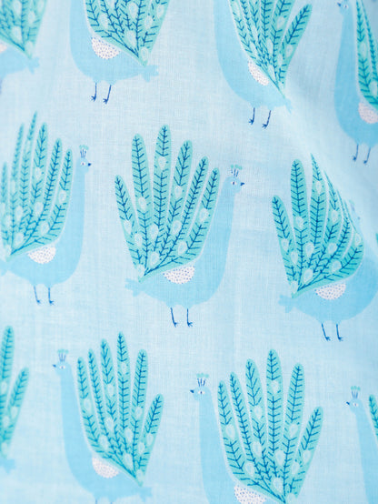 Bird Print on Blue Cotton Shirt Set for Women