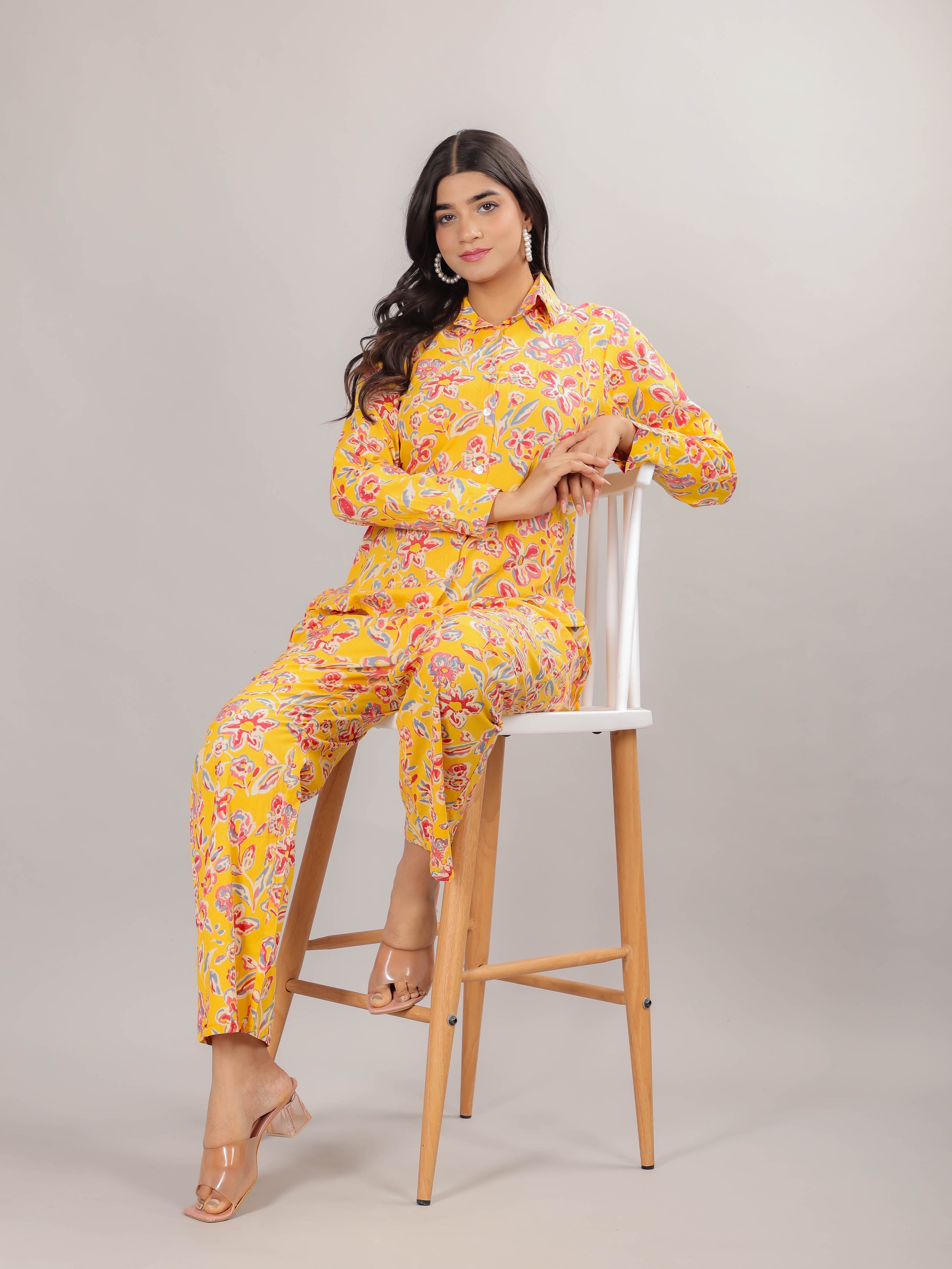 Floral Print on Yellow Cotton Shirt Set for Women