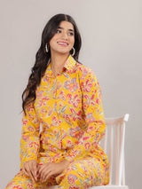 Floral Print on Yellow Cotton Shirt Set for Women