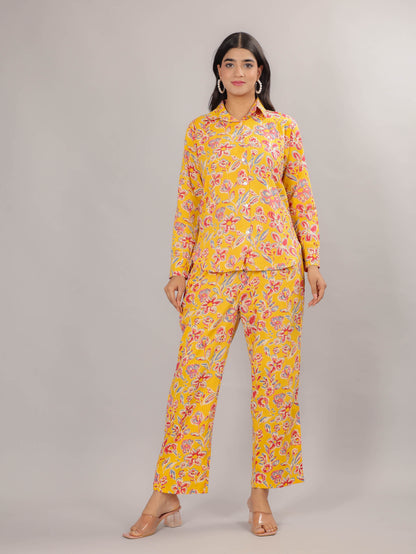 Floral Print on Yellow Cotton Shirt Set for Women