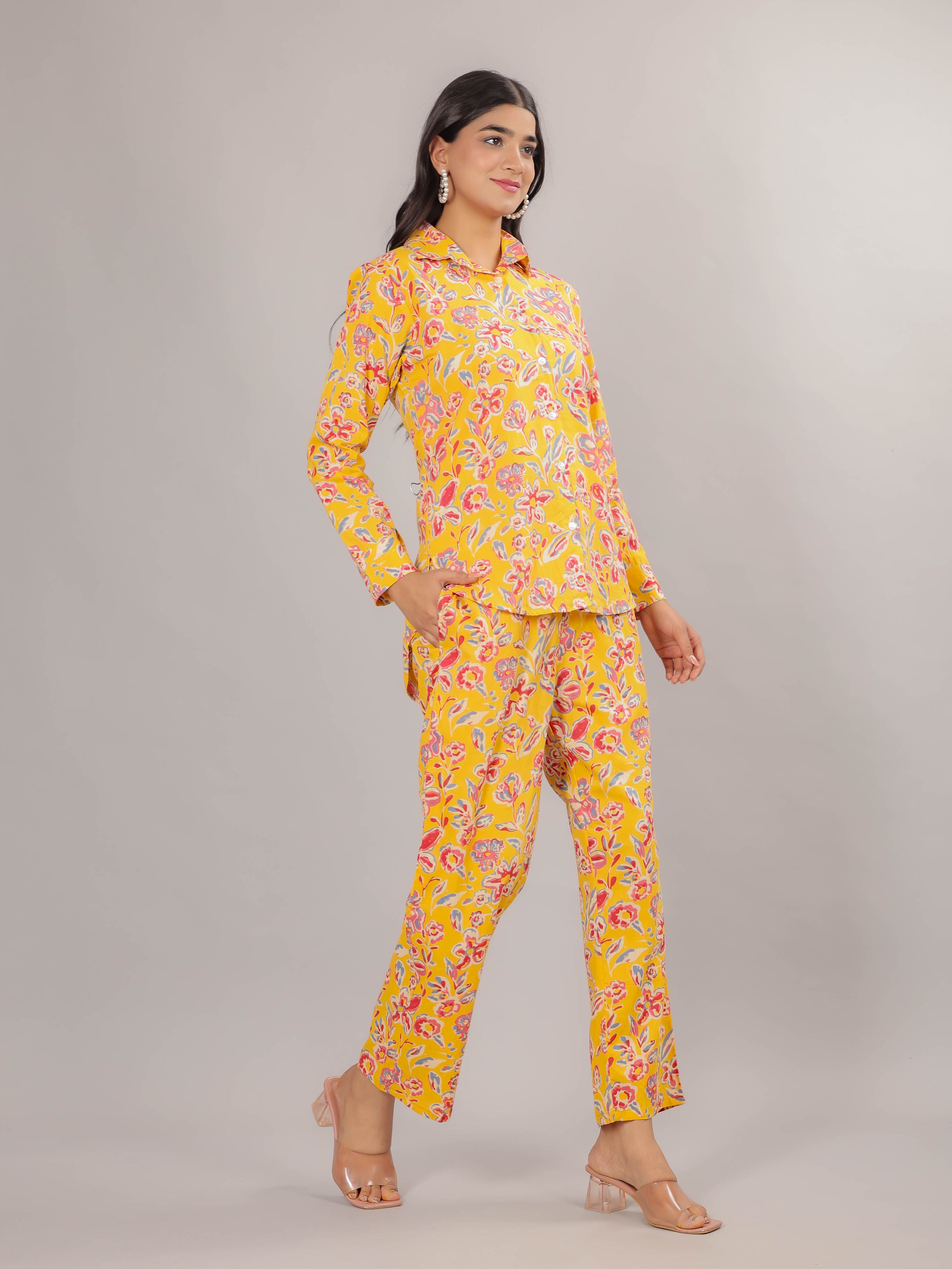 Floral Print on Yellow Cotton Shirt Set for Women