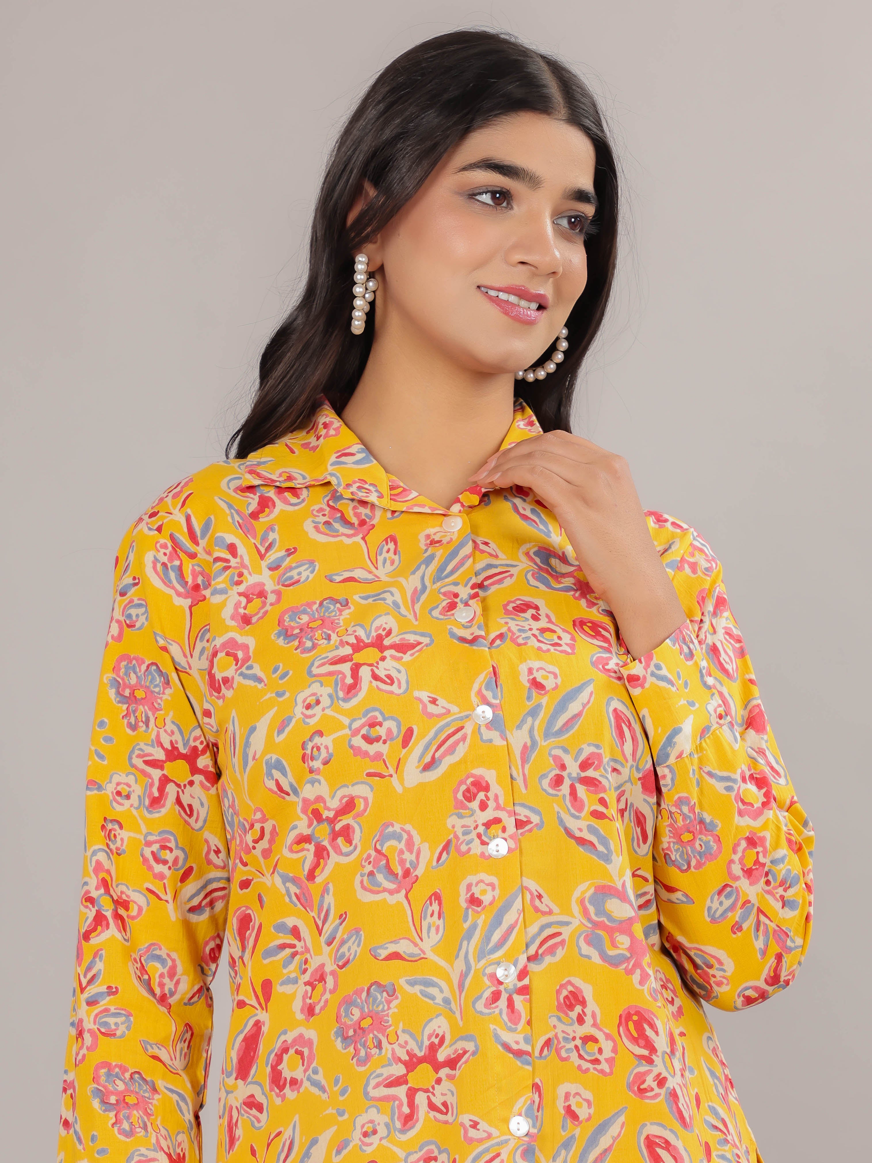 Floral Print on Yellow Cotton Shirt Set for Women