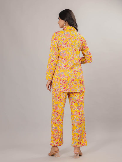 Floral Print on Yellow Cotton Shirt Set for Women