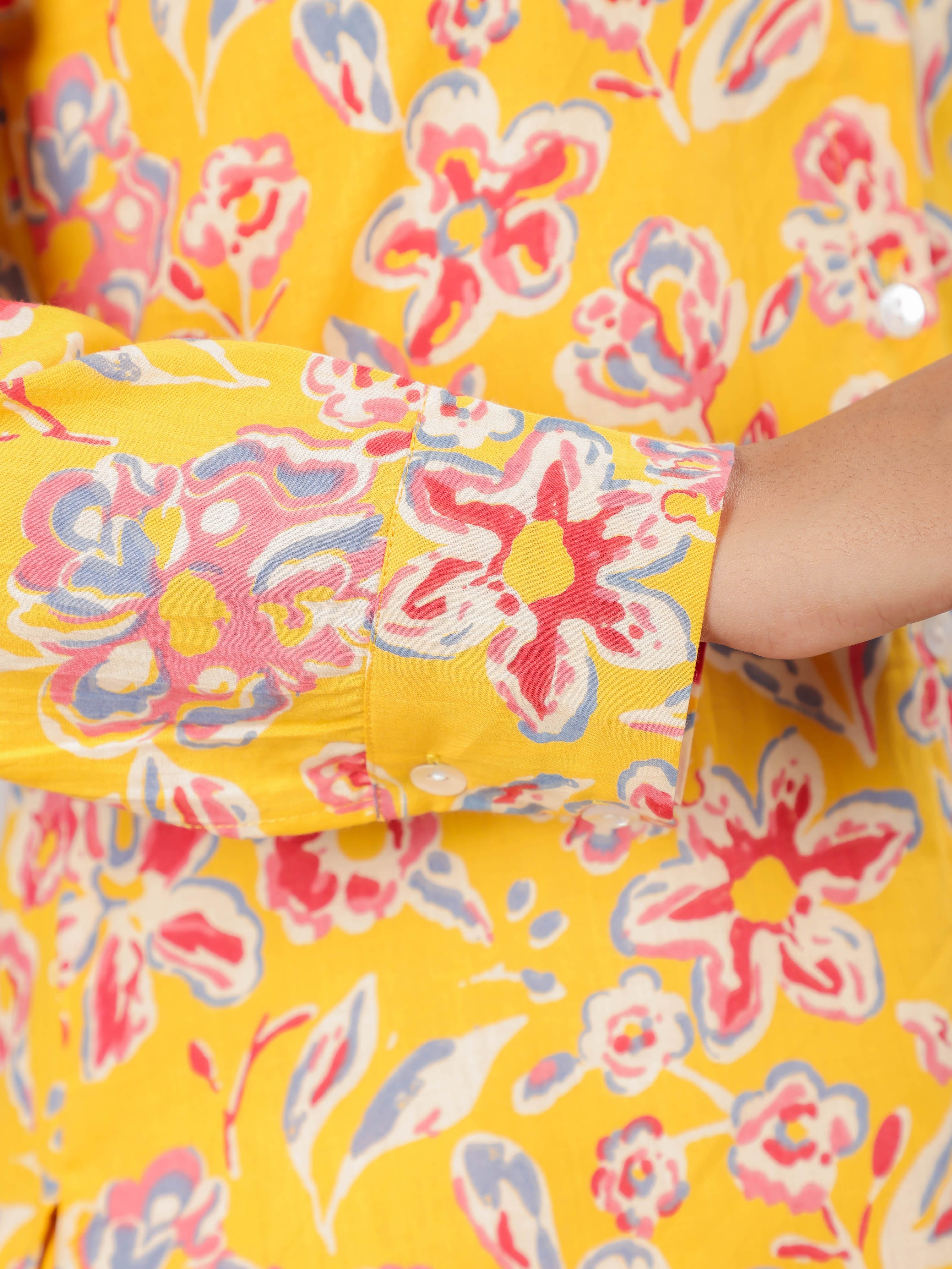 Floral Print on Yellow Cotton Shirt Set for Women