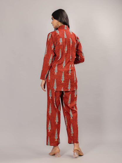 Mughal Print on Red Cotton Shirt Set for Women
