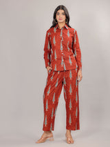 Mughal Print on Red Cotton Shirt Set for Women