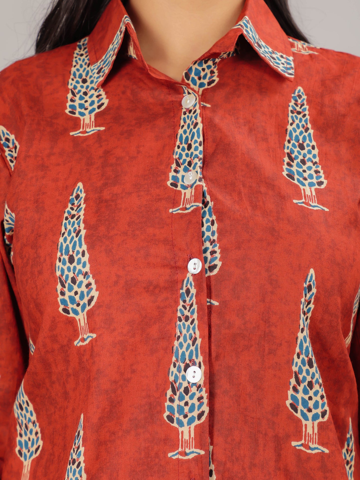 Mughal Print on Red Cotton Shirt Set for Women