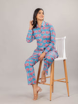 Floral Print on Blue Cotton Shirt Set for Women