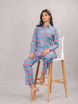 Floral Print on Blue Cotton Shirt Set for Women