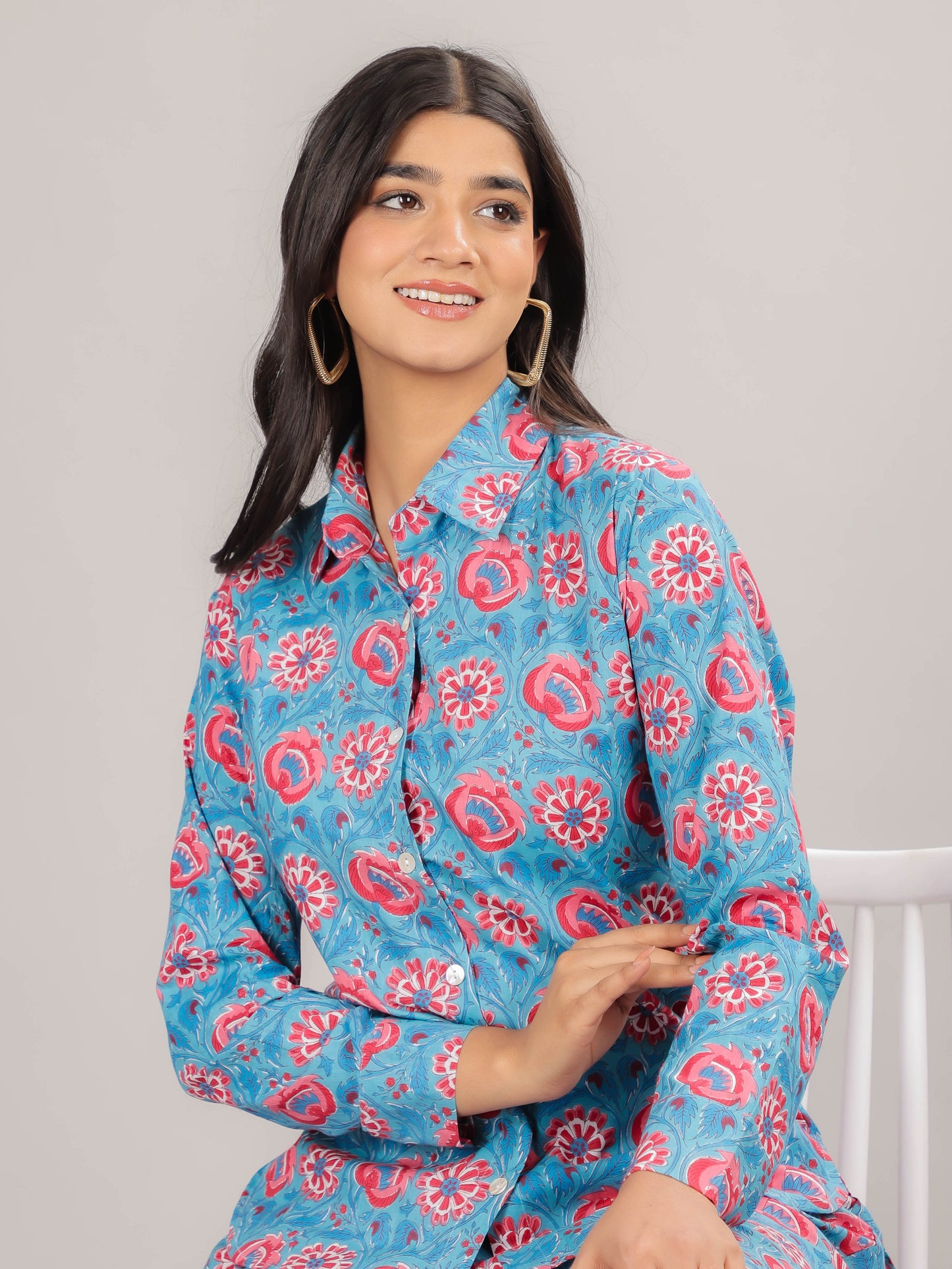 Floral Print on Blue Cotton Shirt Set for Women