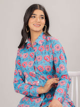 Floral Print on Blue Cotton Shirt Set for Women