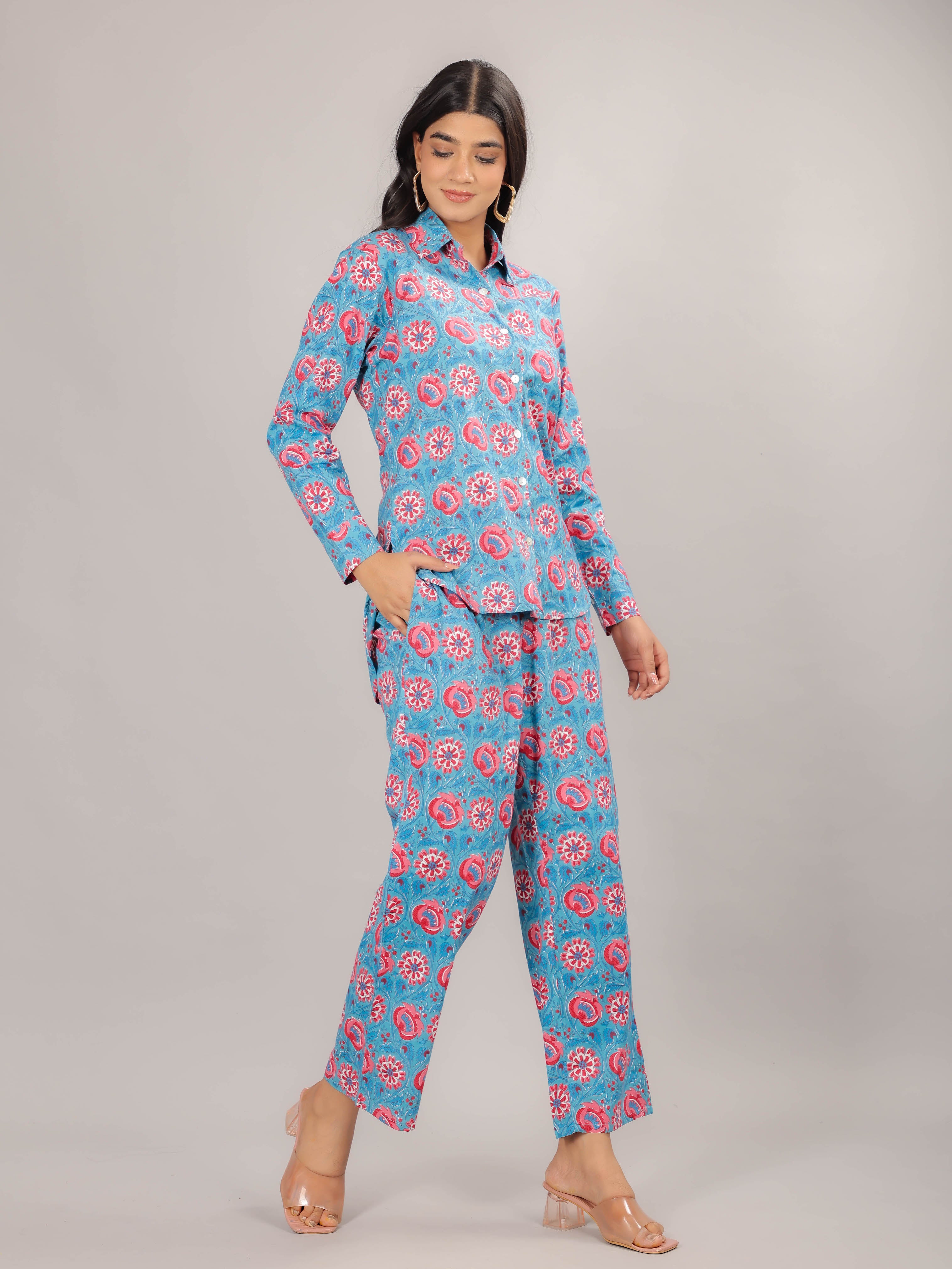 Floral Print on Blue Cotton Shirt Set for Women