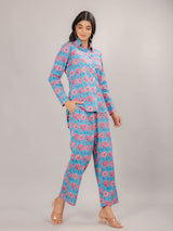 Floral Print on Blue Cotton Shirt Set for Women