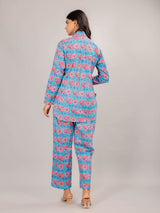 Floral Print on Blue Cotton Shirt Set for Women