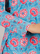 Floral Print on Blue Cotton Shirt Set for Women