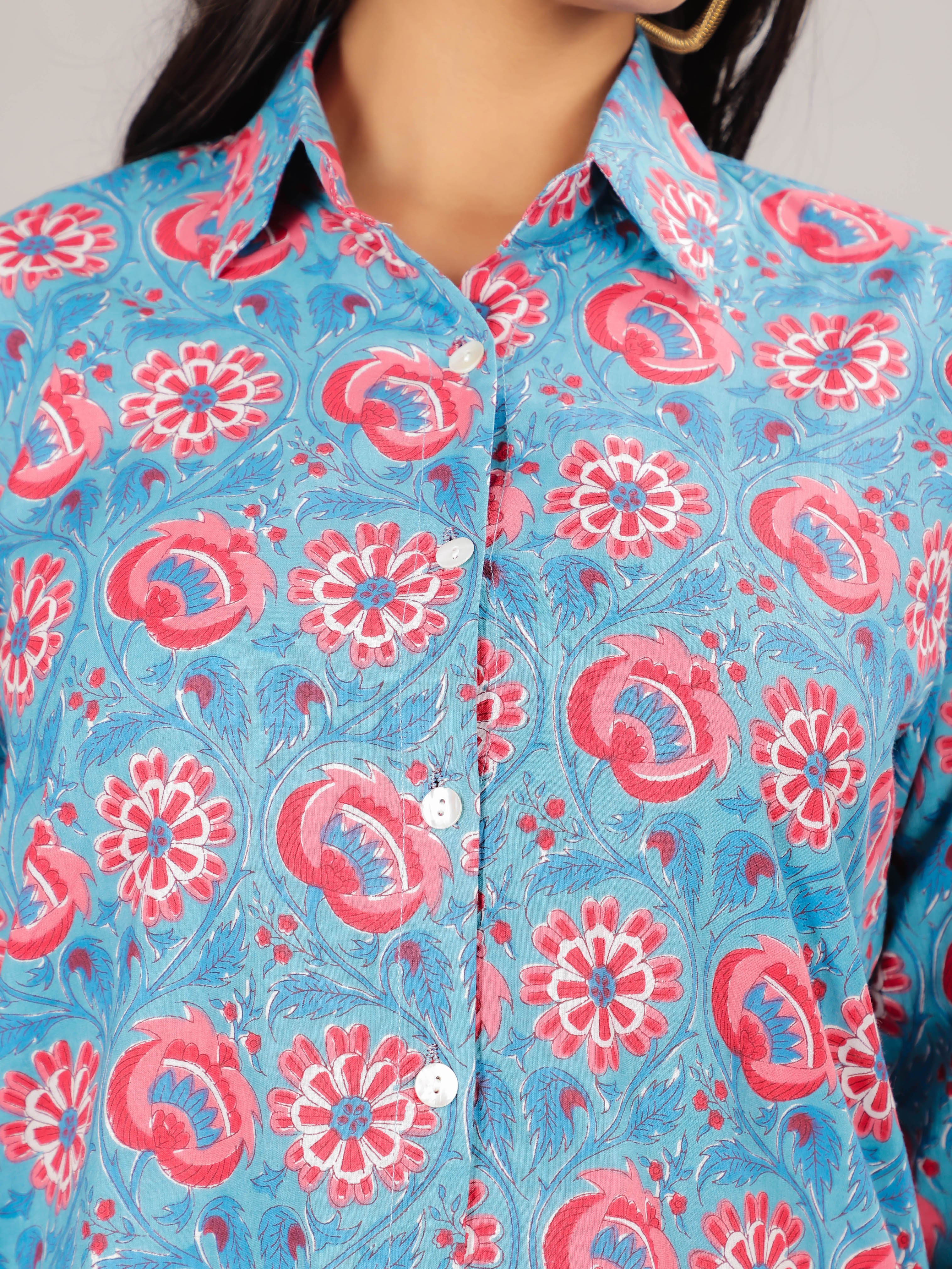 Floral Print on Blue Cotton Shirt Set for Women