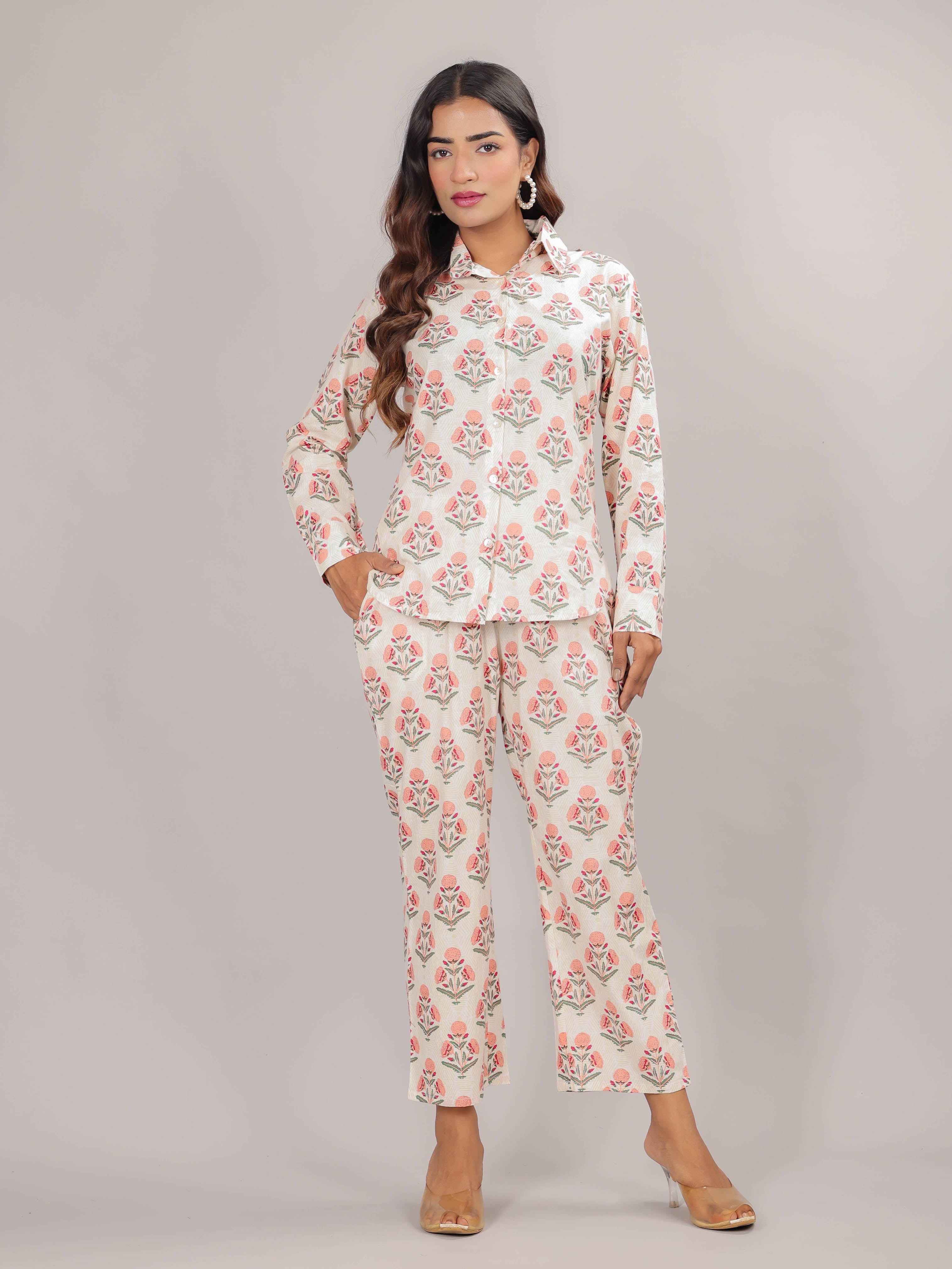 Mughal Print on White Cotton Shirt Set for Women
