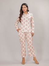 Mughal Print on White Cotton Shirt Set for Women