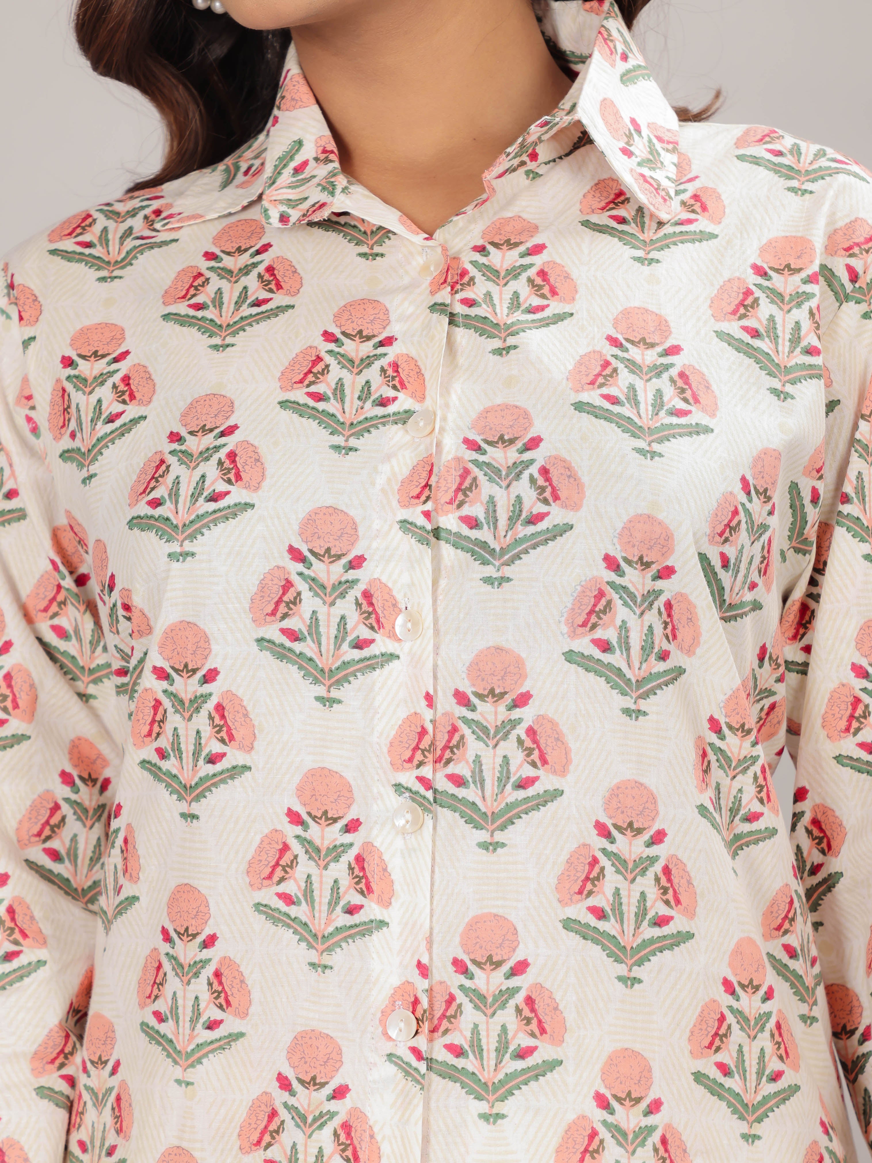Mughal Print on White Cotton Shirt Set for Women