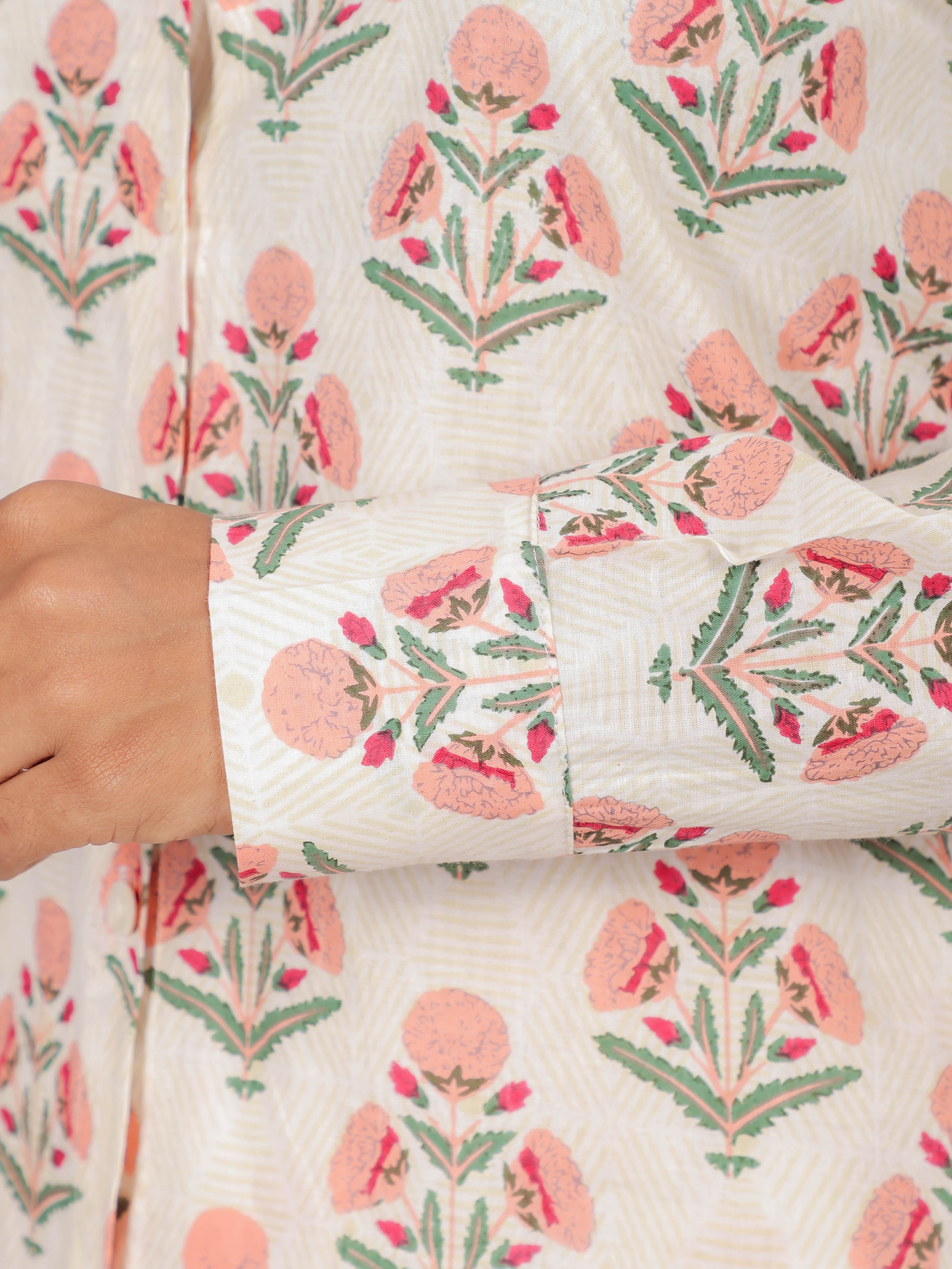 Mughal Print on White Cotton Shirt Set for Women