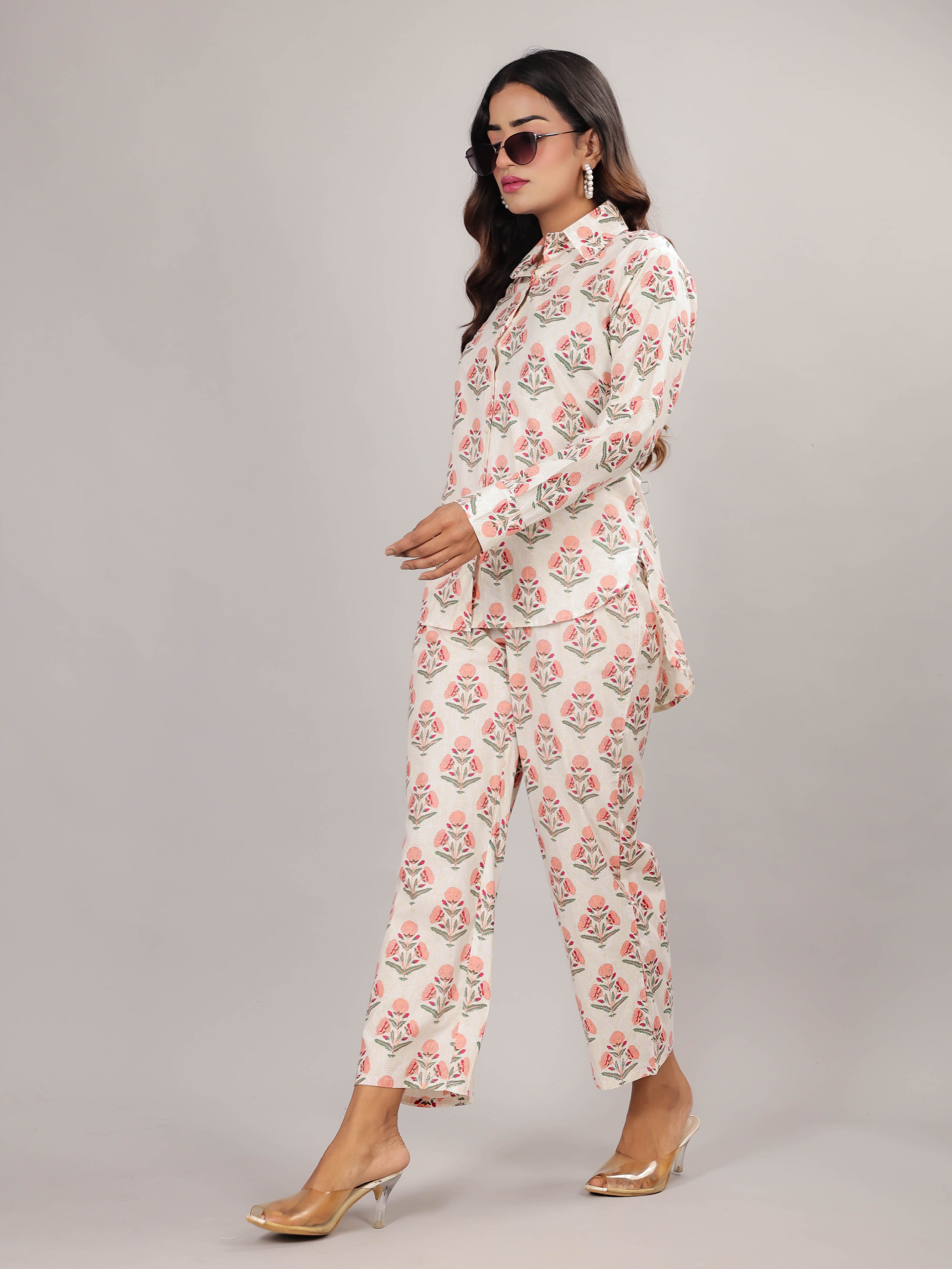 Mughal Print on White Cotton Shirt Set for Women