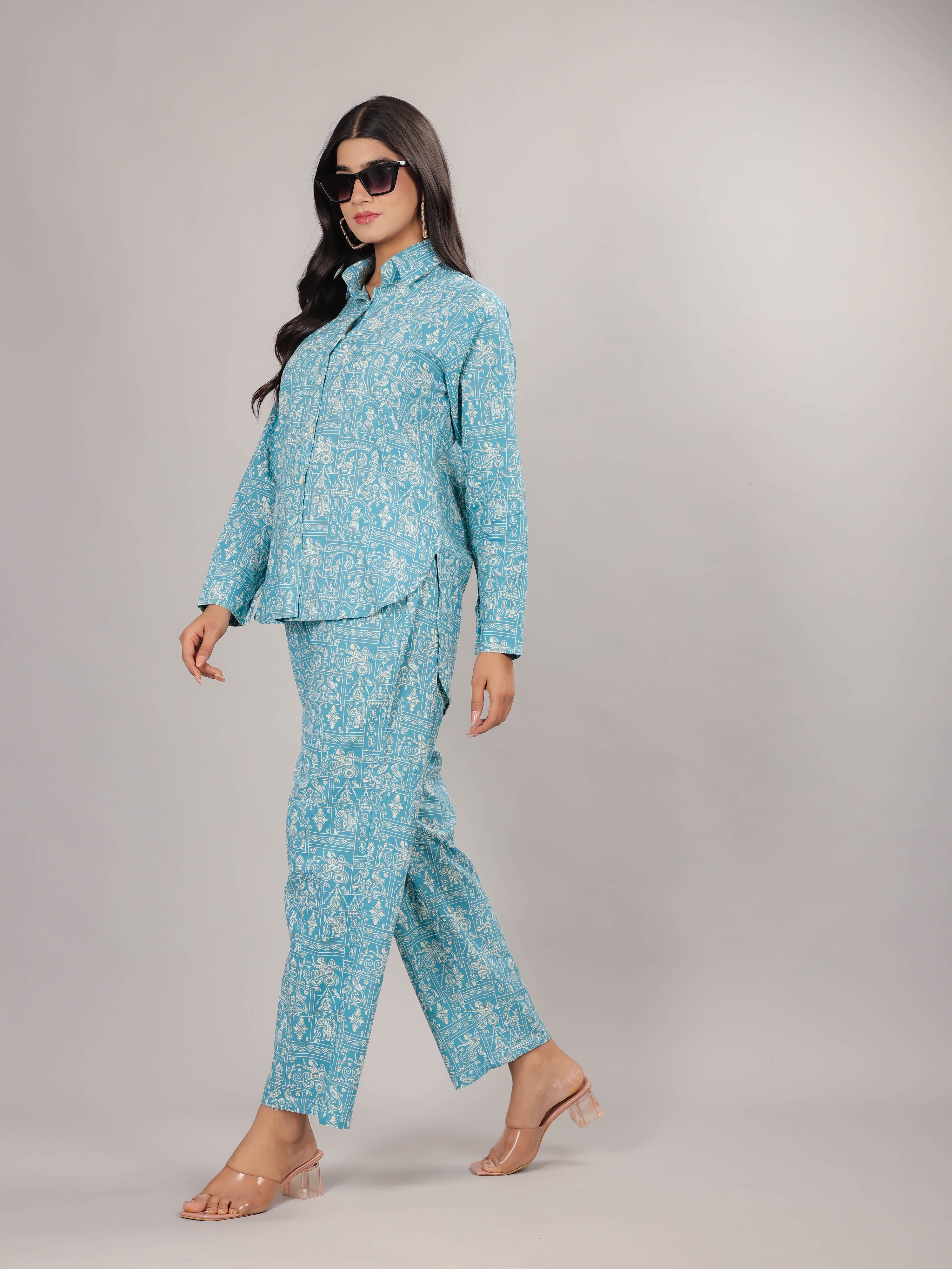 Art Print on Sky Cotton Shirt Set for Women